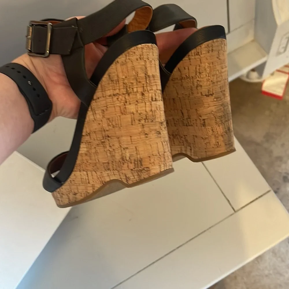 Calvin Klein Black Leather & Cork Wedges Sz 10 - Picture 8 of 11